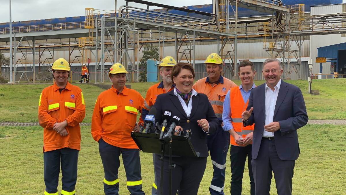 VISIT: Labor leader Anthony Albanese with Paterson MP Meryl Swanson and workers from Tomago Aluminium. Picture: Supplied