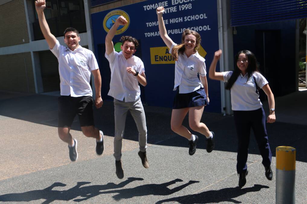 WHAT A FEELING: From left, Thomas Boehm, Carl Stewart, Anna Mather and Dan Vu relieved to finish their HSC exams.