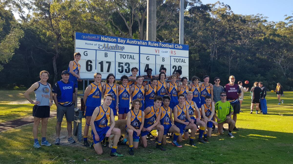 WIN: Nelson Bay's under 17 Marlins after their 53-28 victory Sunday.