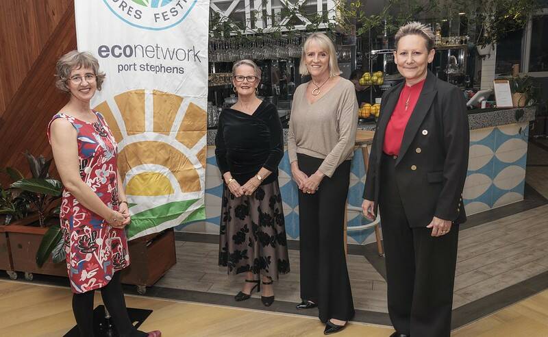 GALA: Some of EcoNetworks festival committee (from left): Alison Rogers, Roz Armstrong and Anita Hutchinson with MC for the dinner Cr Leah Anderson. Picture: Henk Tobbe