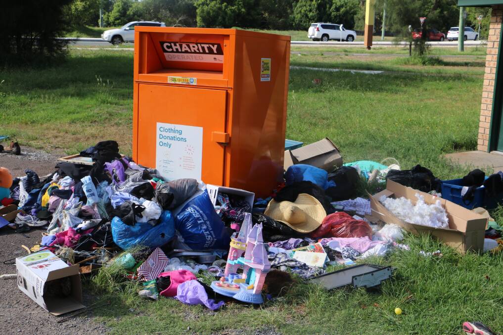 RUBBISH: This was the scene on Monday at the House with No Steps collection bin located at the corner of Richardson Road and Nelson Bay Road, Salt Ash.