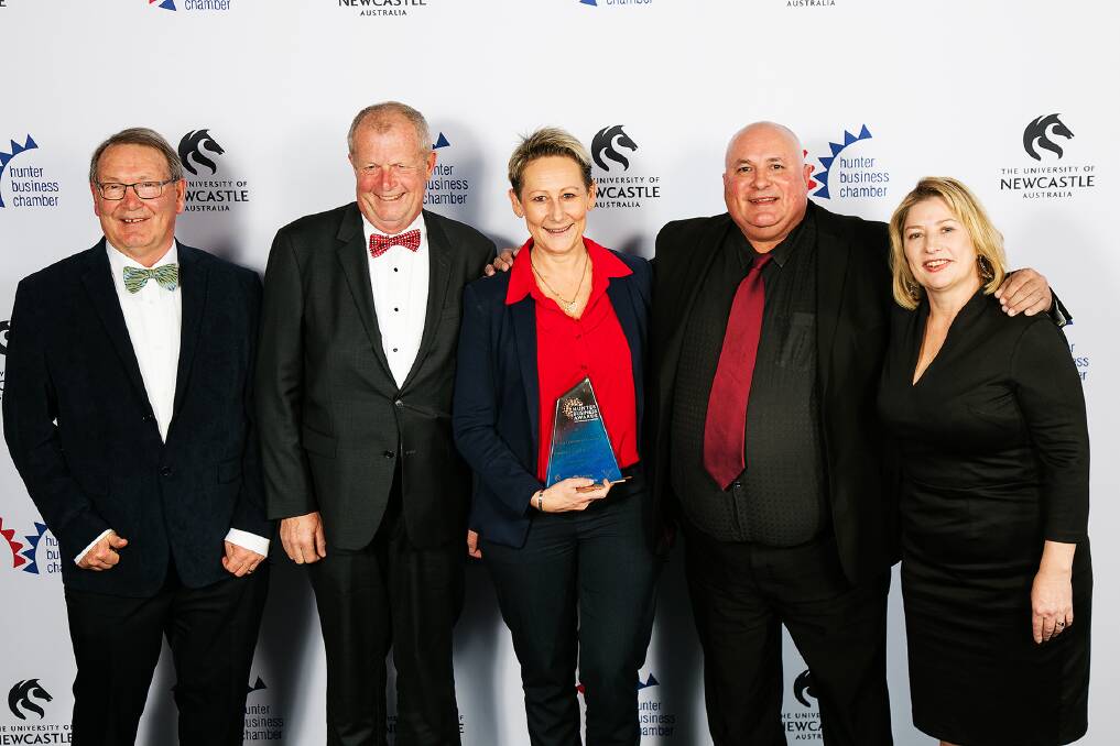RECOGNITION: Nelson Bay Business Chambers members Peter Clough, Peter North, Leah Anderson and Kate Burrows with category sponsor Craig Aspinall (Service NSW).