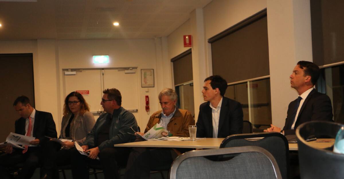RATE RISE?: Port Stephens councillors (from left) Ryan Palmer, Sarah Smith, Glen Dunkley, Steve Tucker and Giacomo Arnott at a meeting about the proposed SRV, hosted by the TRRA.