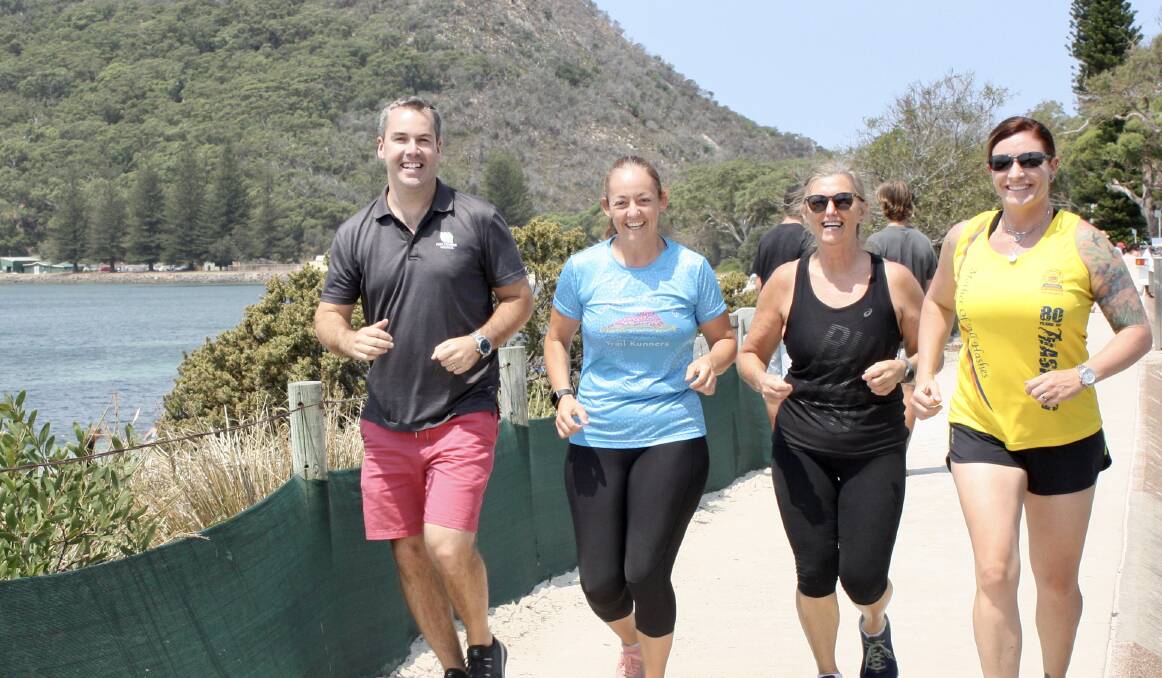 RUNNING ON: Port Stephens Mayor Ryan Palmer in training with marathon runners (from left) Erin Brinkley, Angela McMillan and Roxanne Starr. Picture: Supplied