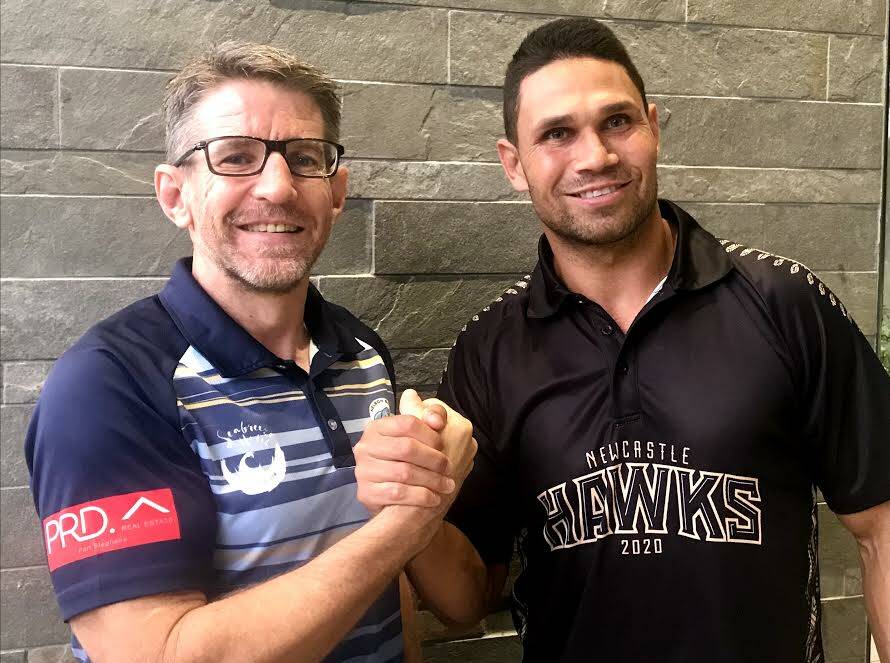 MERGER: Nelson Bay Sharks under 19 coach Andrew Chapman (left) with Hawks mentor and former NRL star Brad Tighe. Picture: Supplied