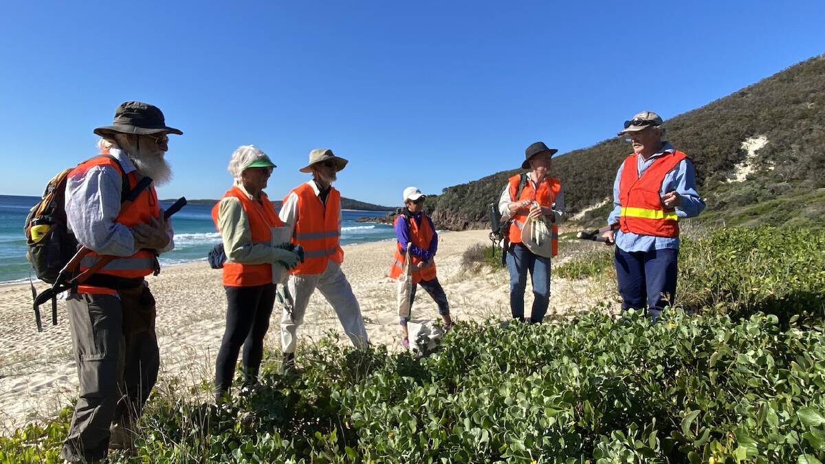 HELPING HAND: At Zenith Beach, John Simpson (far right) shares a few tips with some of the Friends of Tomaree National Park. Picture: Sue Olsson