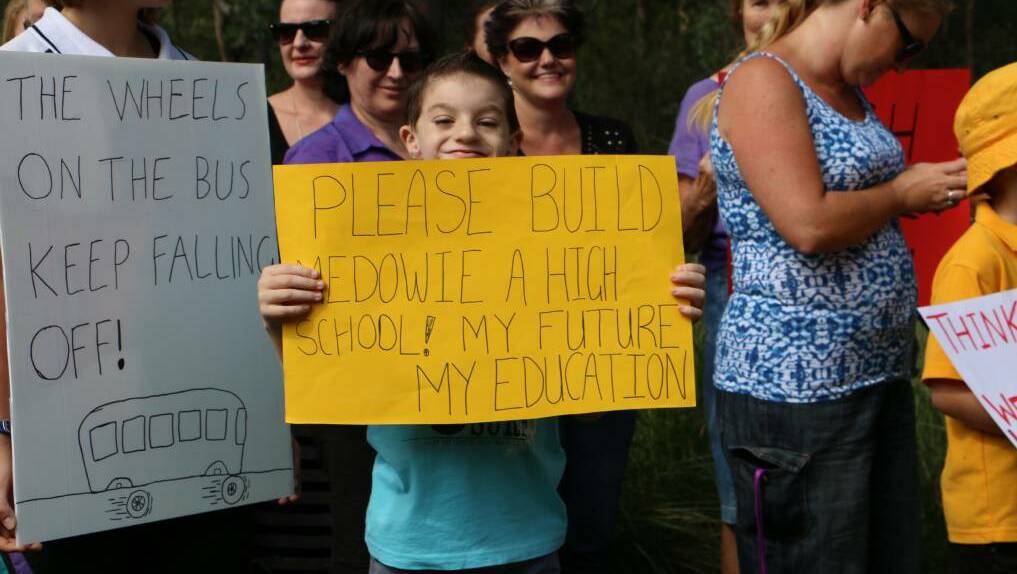 SUPPORT: Supporters for a Medowie high school at the proposed build site adjacent to Wirreanda Public in 2015. Picture: Ellie-Marie Watts