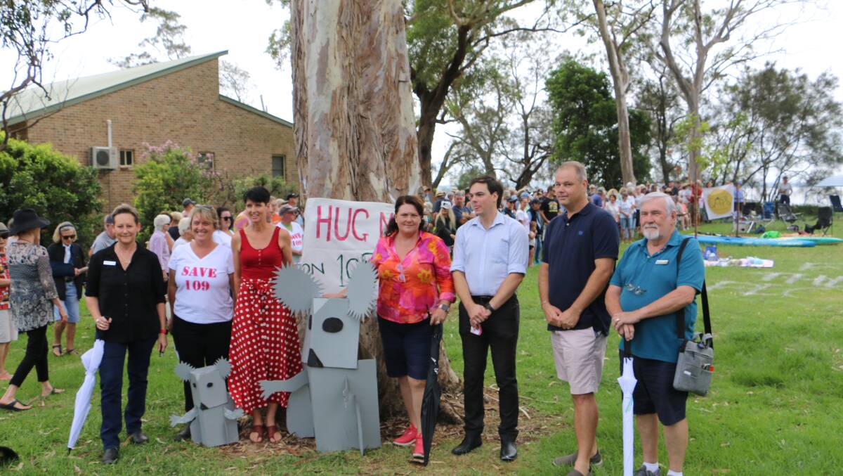 Some of the politicians who attended the rally (from left): Cr Leah Anderson, Anna Bay's Kelly Hammond, State MP Kate Washington, Federal MP Meryl Swanson, Cr Giacomo Arnott, Cr Jason Wells and Cr Peter Francis. Cr Peter Kafer was also in attendance.
