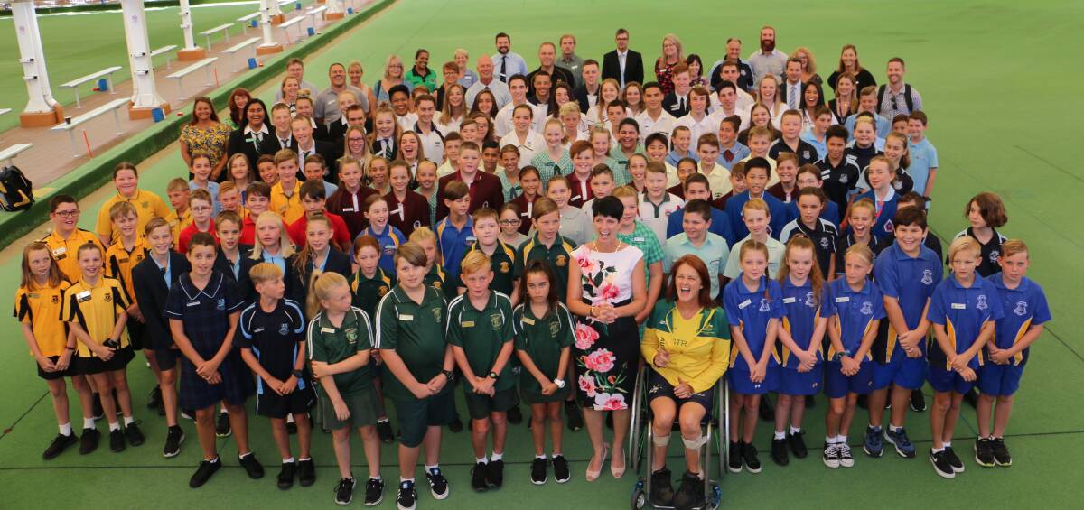 LEADERSHIP: State MPs Kate Washington and Liesl Tesch  with the 160-plus students, teachers and principals from 24 Port Stephens schools.