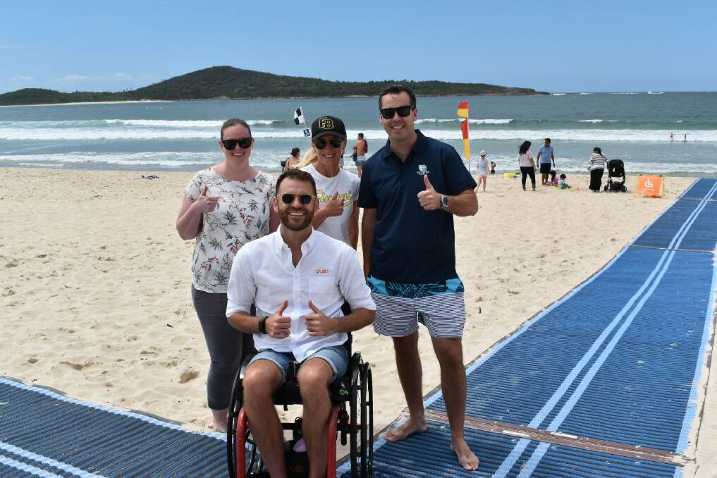 ACCESSIBLE: Kayleigh Brown from Ability Links, Shane Hryhorec from Accessible Beaches, Tanya Squires from Fingal surf club and Port mayor Ryan Palmer and the Accessible Beach Day on Sunday.