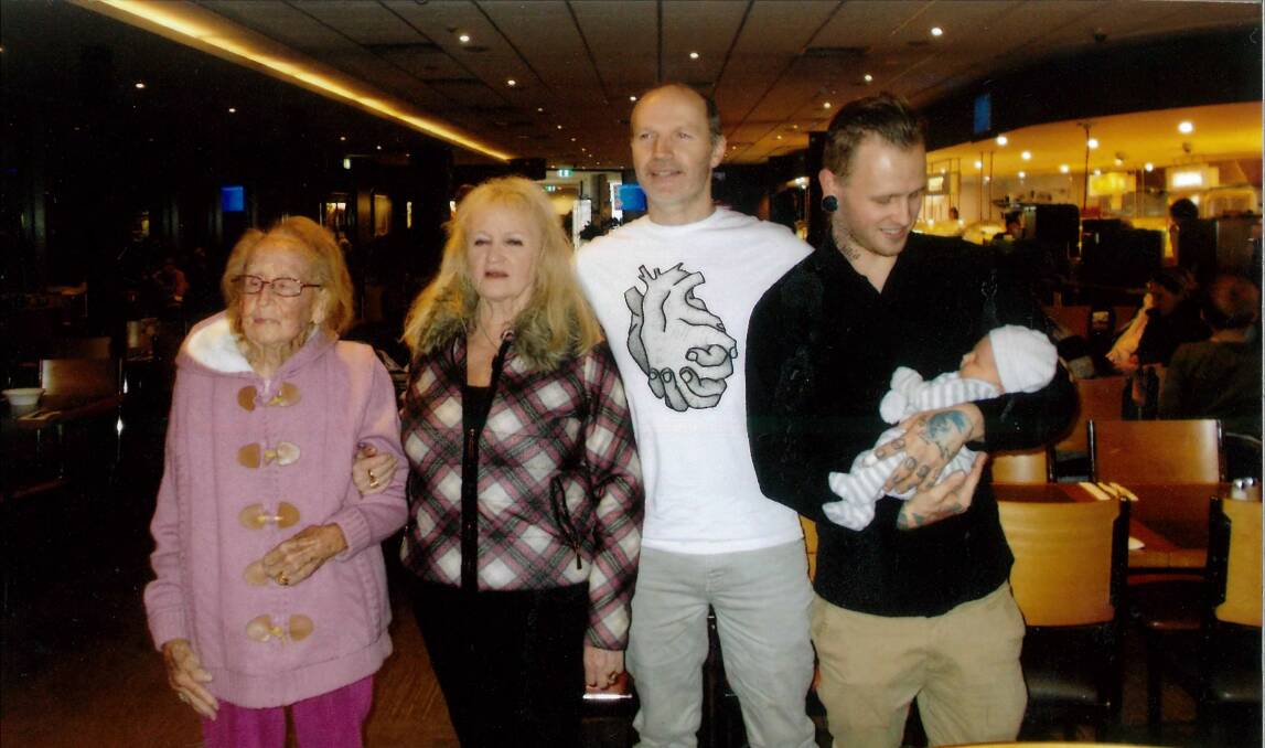 FIVE GENERATIONS: Dorothy Wedd with daughter Sandy McDonald, grandson Jason Clements and his son Dylan Clements nursing baby Atticus Clements. 