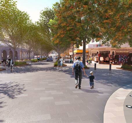 NEW LOOK: An artist's impression of Stockton Street Nelson Bay. Trees line the paved street and pedestrians are walking within the space. Picture: Port Stephens Council