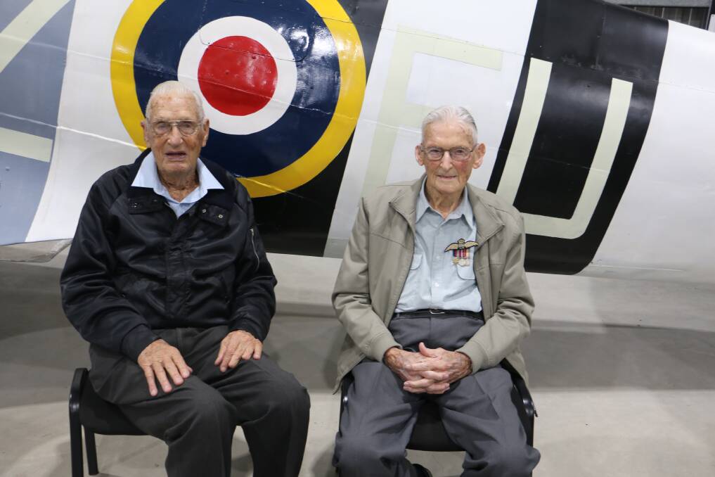 MILESTONE: Centenarians Bill Cox and Eric Hill at Fighter World on Friday.