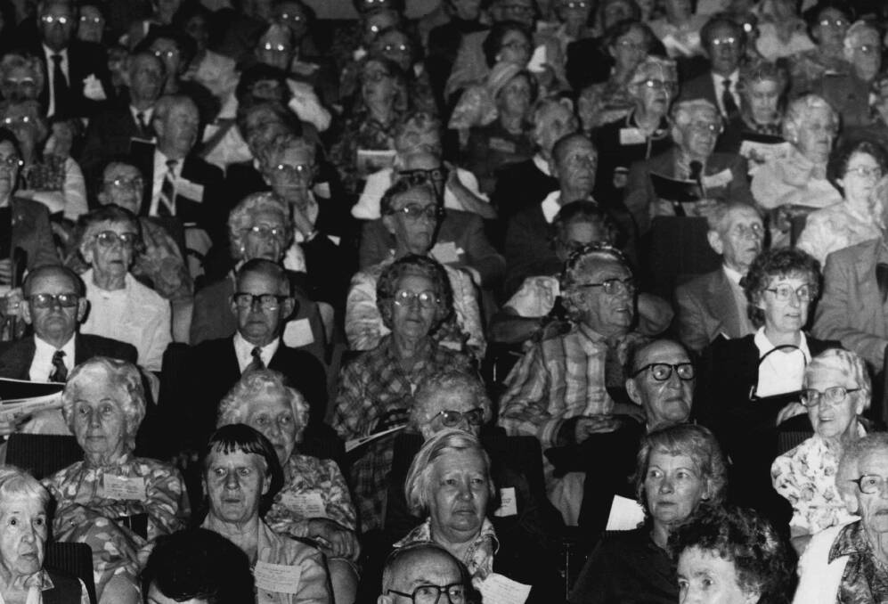 Featuring Aussie talent: The free Premier's Gala Concerts for seniors have been on for 35 years. Pictured here are some of the 10,000 audience members in 1983.