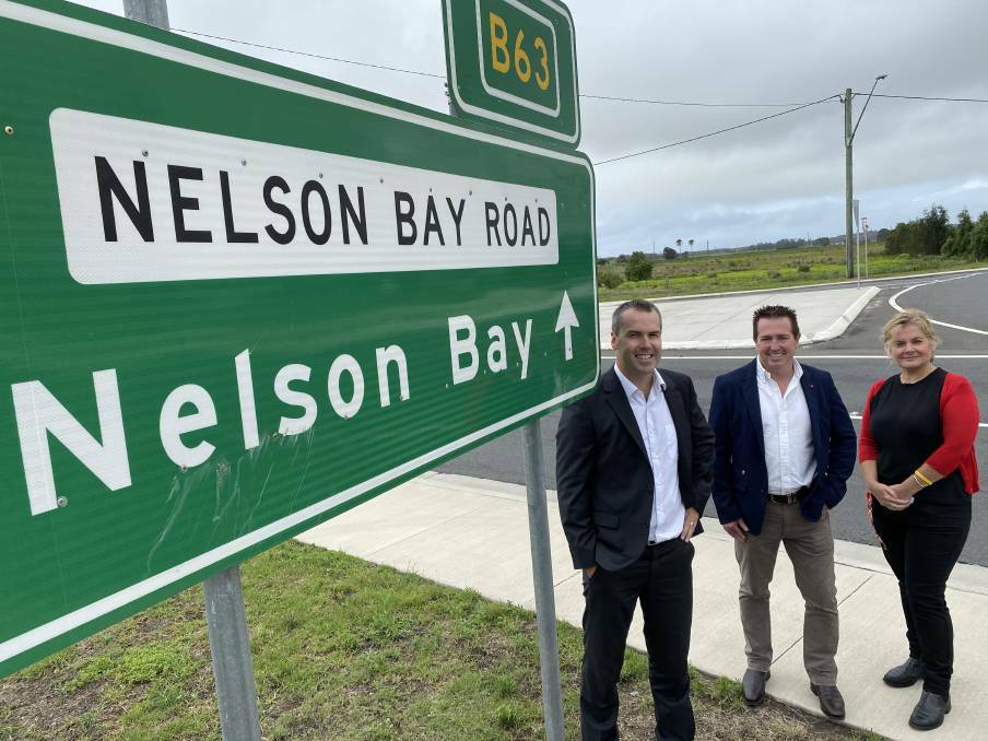 ON THE WAY: Port Stephens mayor Ryan Palmer, Paul Toole and Transport for NSW's Anna Zycki at the Williamtown roundabout in November last year. 