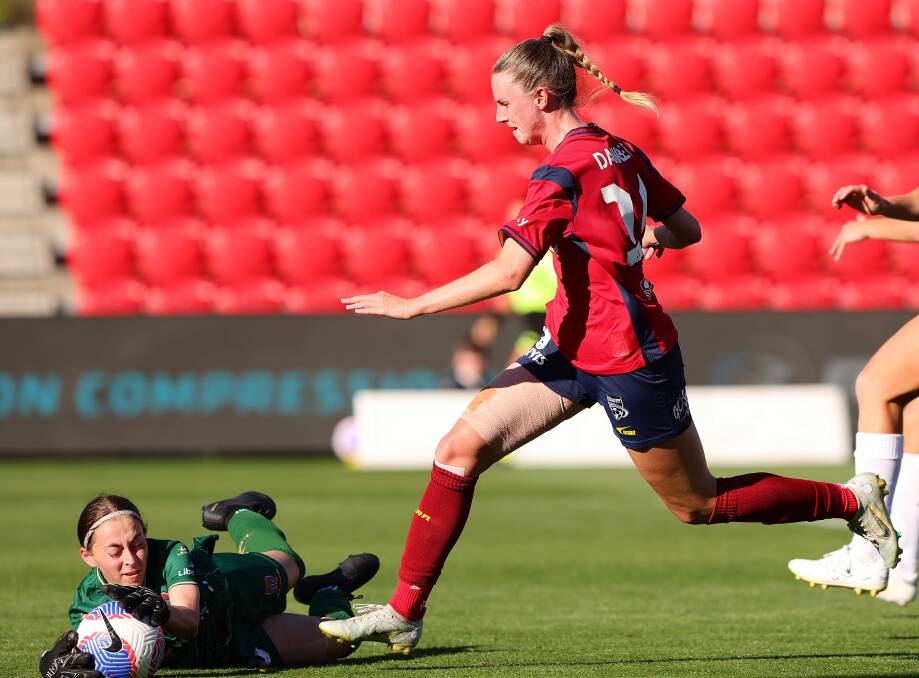 Newcastle Jets replacement goalkeeper Tiahna Robertson made a stunning A-League debut against Adelaide at Coopers Stadium. Picture Getty