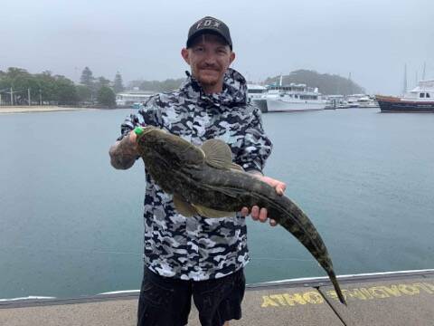 FLAT OUT: Benny Guy returns a thumping flathead at Corlette. Recent rain has created ideal fishing conditions for bream, flathead and mulloway. Picture: supplied.