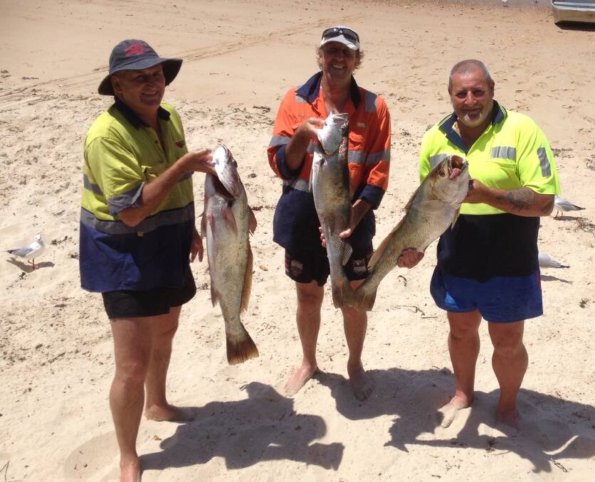 ONE EACH: Mulloway men Jay Pegler, Mick Dunn and Glen Lantry returned from Broughton Island with their bag limit of one mulloway each. Picture: Supplied.