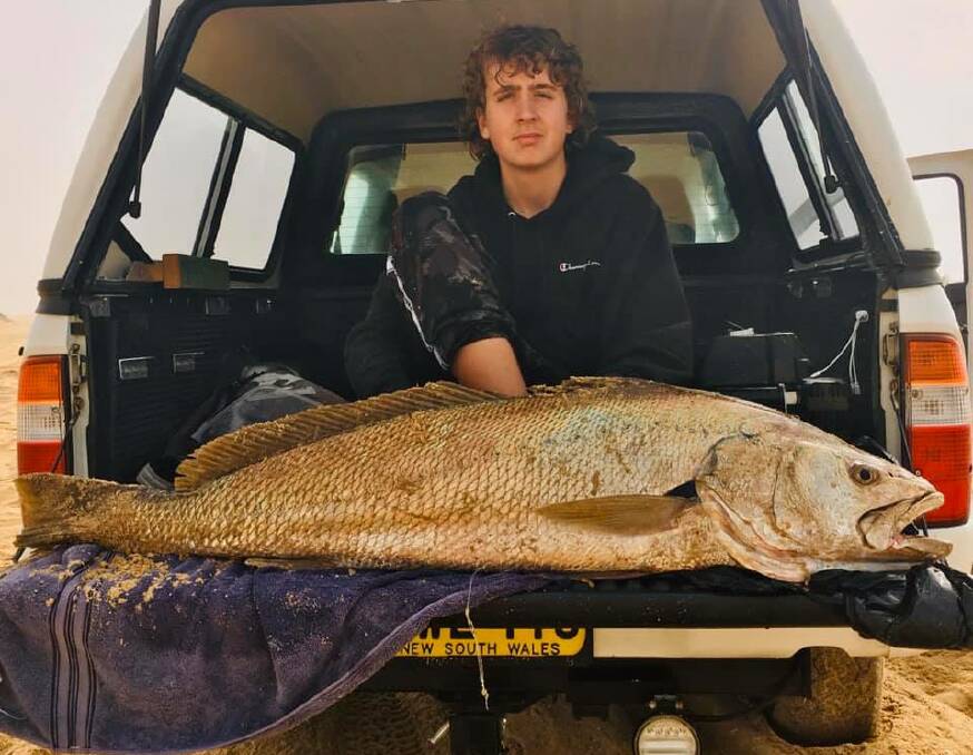 Trent Thompson from Stockton Beach with a 22kg mulloway caught on tailor bait. Photo supplied.