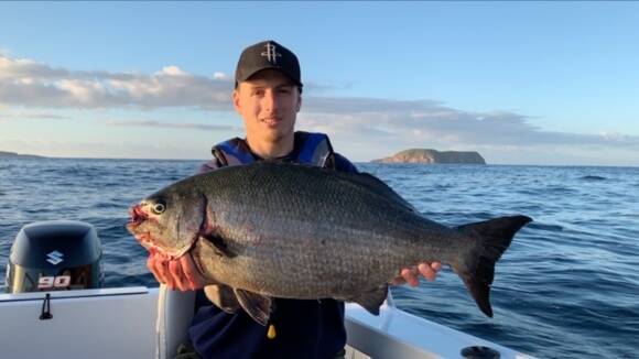 FIGHTING FIT: Jake Harman with a monster eight kilogram Broughton Island Silver Drummer. A great fighting fish, but not welcome in the kitchen. Photo supplied.