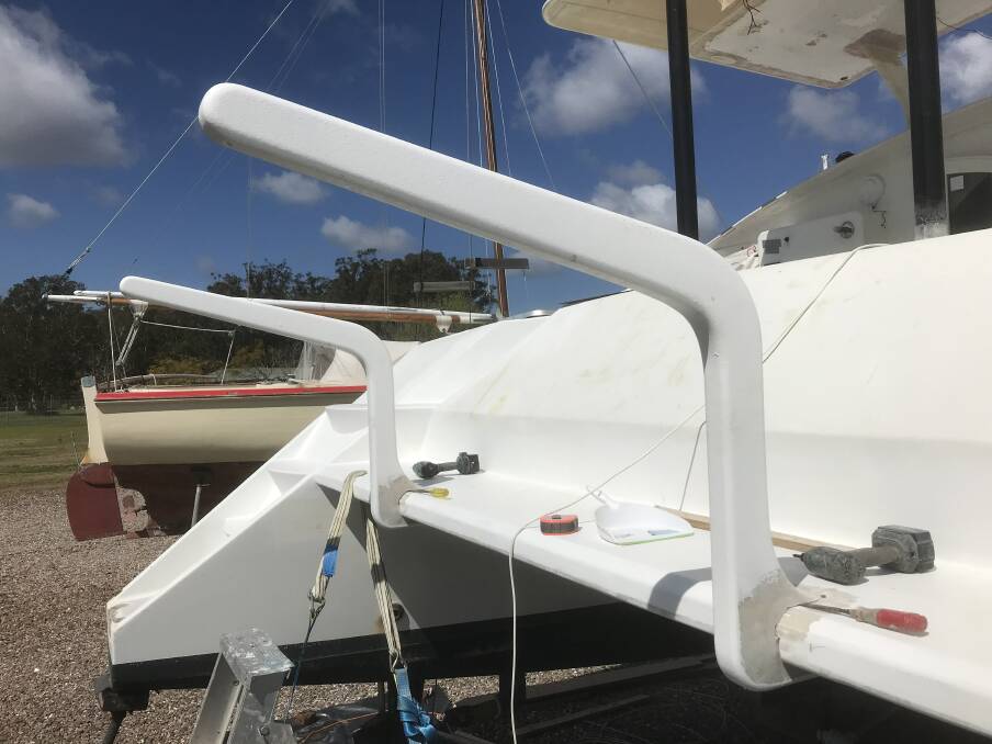Pictured here is a new design composite epoxy davits dinghy lift system. 