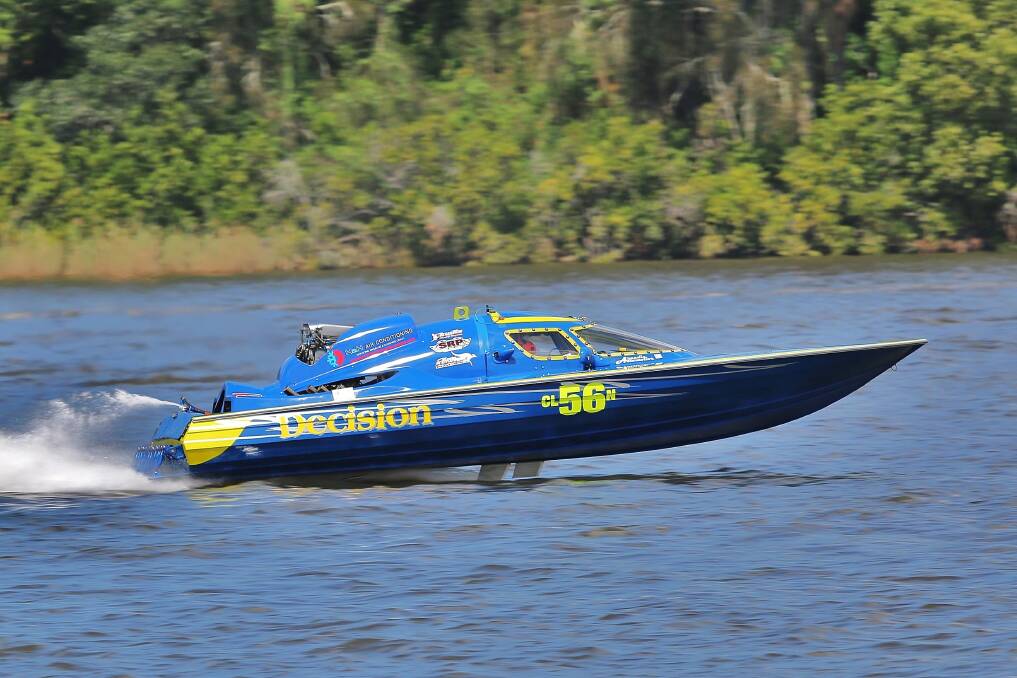 flying: Brent Lewis in Decision, a cell boat that will be part of the Carpet Court Power Boat Race in Raymond Terrace. Photo: Quinnos Quicksnaps.