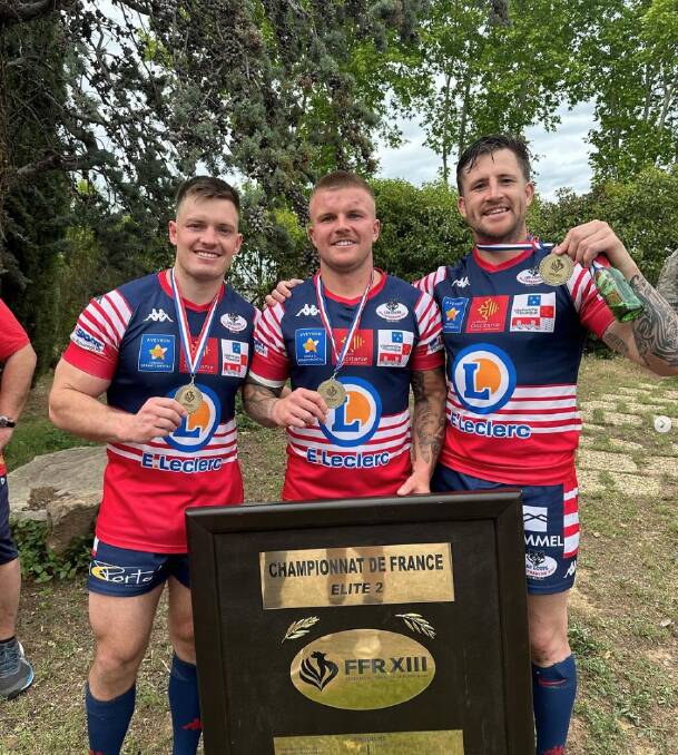 Luke Higgins, Jacob Afflick and fellow Aussie Lachlan Bristow after winning the Elite 2 grand final. Picture Instagram 