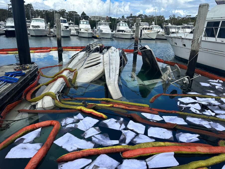 Scenes from the complex salvage operation after a luxury yacht was destroyed by fire at Nelson Bay on March 25. Picture supplied / Aus Coast Diving & Marine