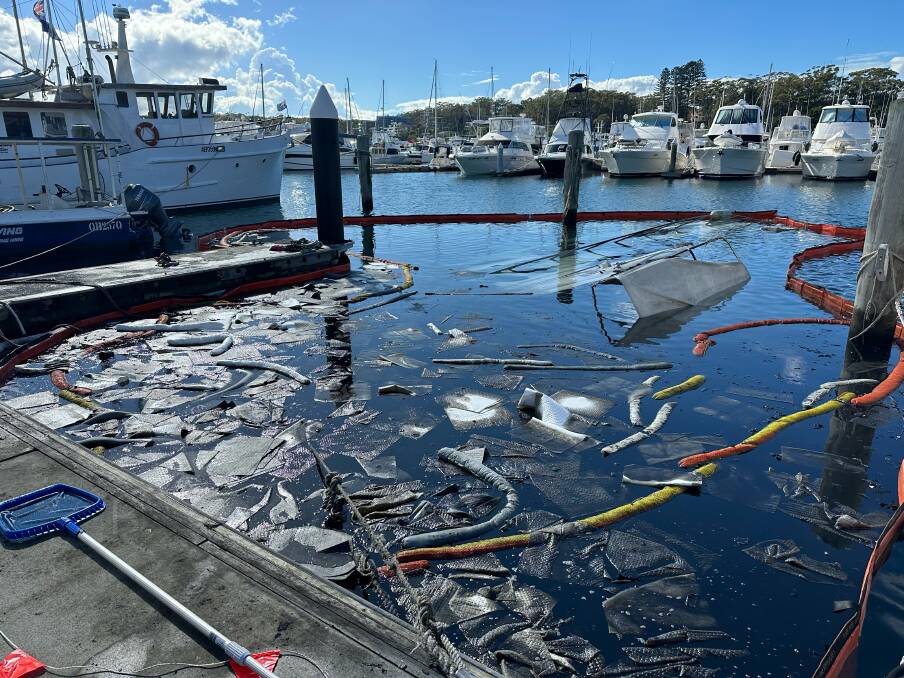 Scenes from the complex salvage operation after a luxury yacht was destroyed by fire at Nelson Bay on March 25. Picture supplied / Aus Coast Diving & Marine