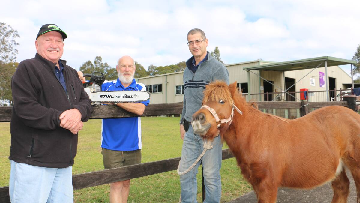 WOAH HORSEY: Salamander Bay Recycling Centre chairman Alan Cloke, RDA committee member Roly Taylor, property caretaker Phil Hudson and Rusty, the Shetland pony, at the Raymond Terrace and Lower Hunter centre. Picture: Ellie-Marie Watts