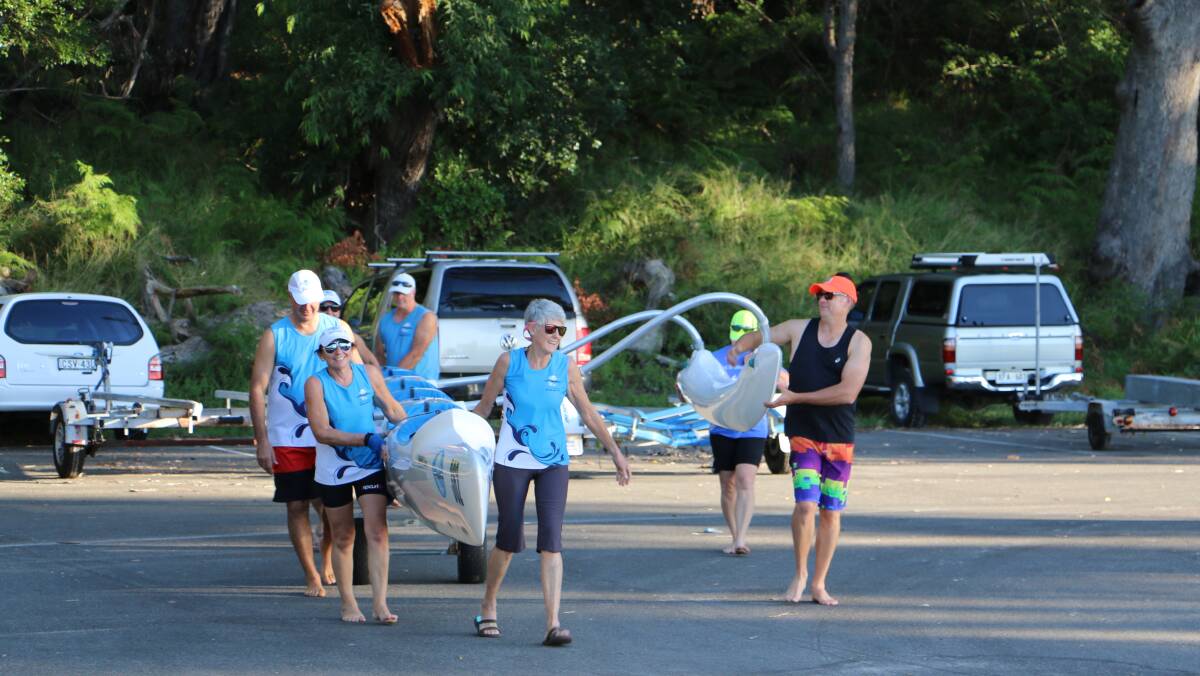 Port Stephens Outrigger Canoe Club members at training on Thursday, March 24. Pictures: Ellie-Marie Watts