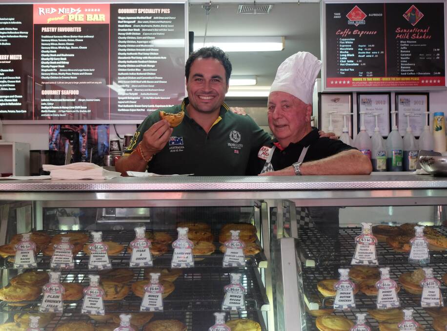 DELICIOUS: Miguel Maestre and Barry Kelly, owner of Red Neds Gourmet Pies in Nelson Bay. Red Neds is on of Maestre's picks for best pie in Australia. Picture: Supplied