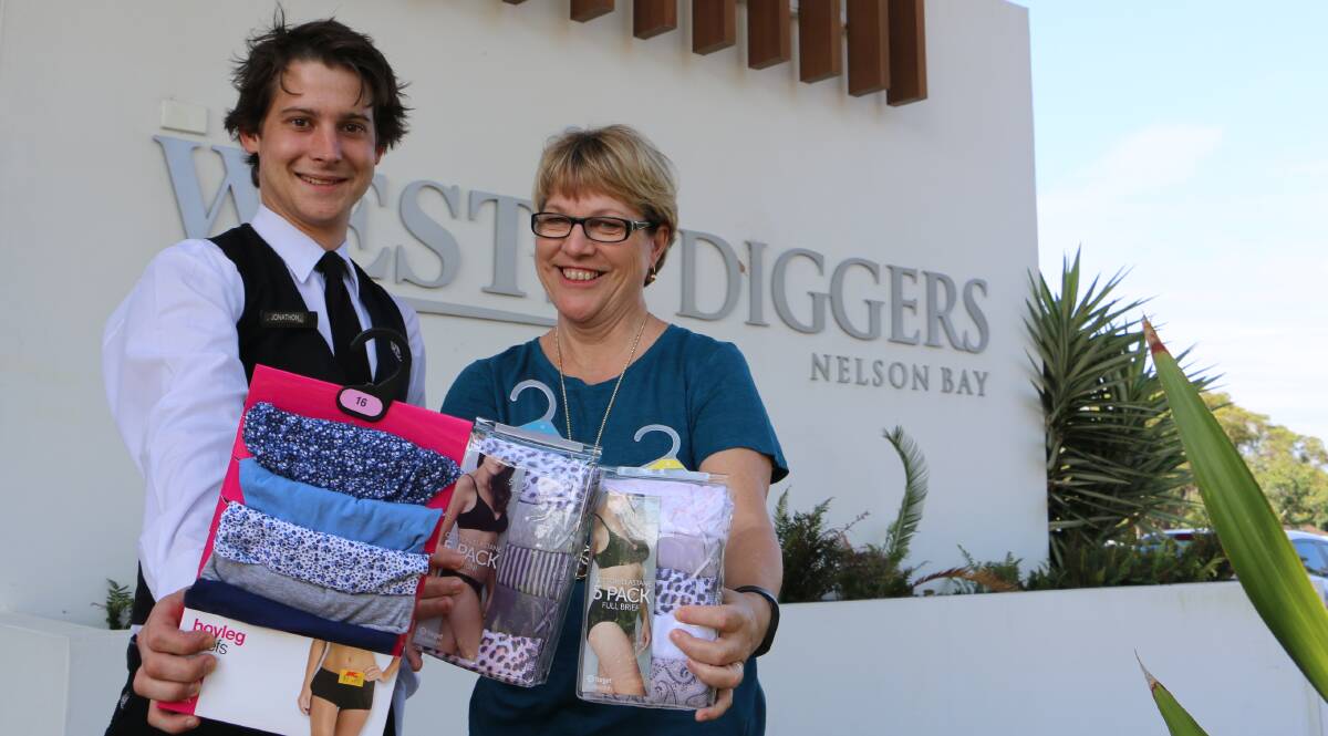 KNICKERS NEEDED: Jonathon Fitzsimmons from Wests Nelson Bay Diggers and Janelle Upton, president of Salamander Bay Rotary. Picture: Ellie-Marie Watts