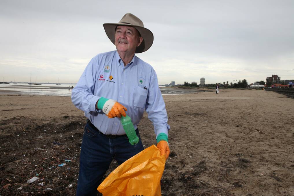 Ian Kiernan AO, founder of Clean Up Australia Day, on its 20th anniversary on St Kilda Beach in 2013. Picture: Melanie Faith