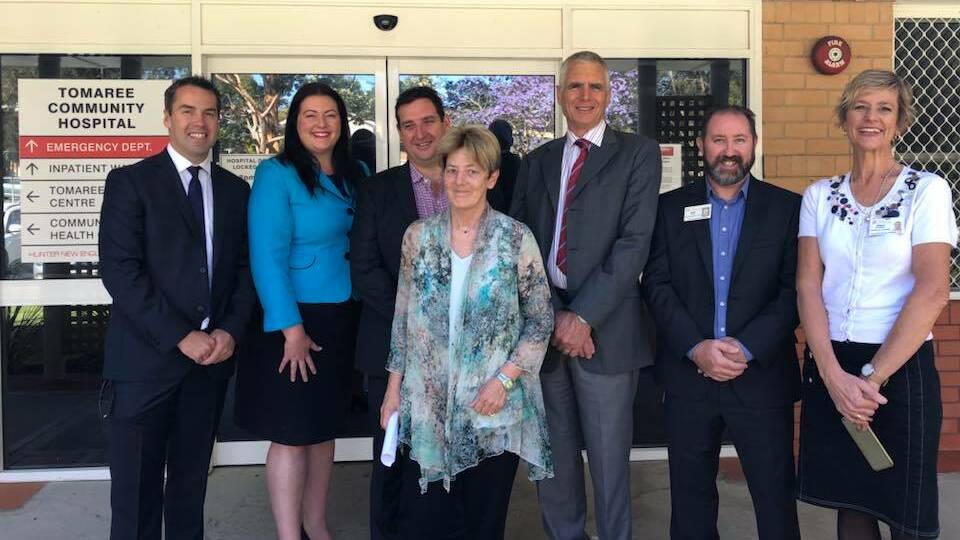 Port Stephens Mayor Ryan Palmer (back left) and councillors Jaimie Abbott, Glen Dunkley and John Nell joined Hunter New England Health representatives plus (front) Port Stephens Duty MLC Catherine Cusack at Tomaree Community Hospital for the HealthOne announcement on Friday. Picture: Ryan Palmer