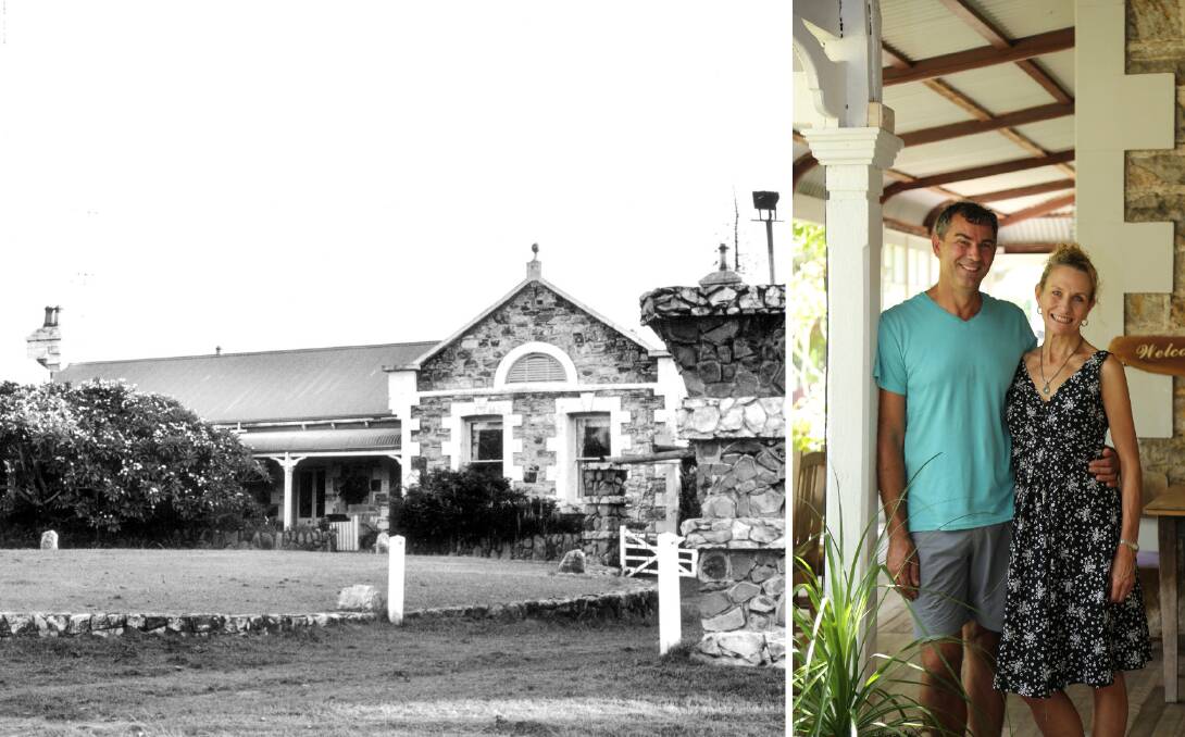 PARTY: Left, a historical photo of Tanilba House from the Fairfax Media archive. Right, Tanilba House owners Glenn Short and Deidre Hall.