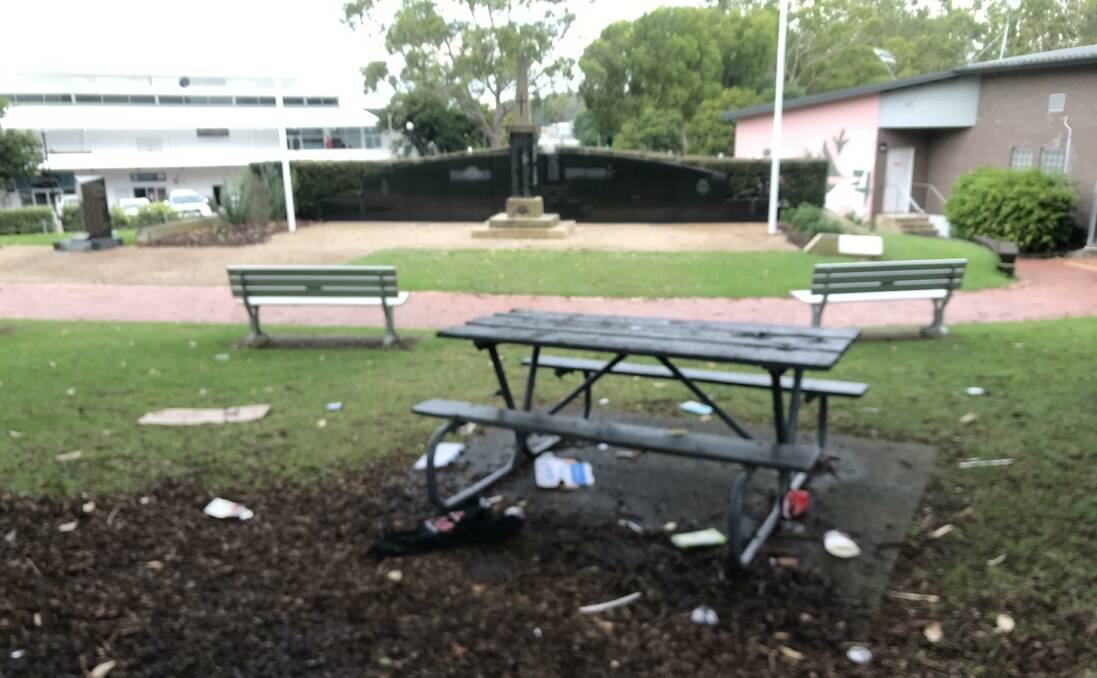 'EMBARRASSING': Rubbish left in Apex Park, Nelson Bay, near the war memorial. Picture: Dave Bennett