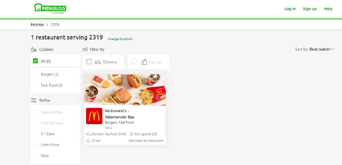 McDonald's at Salamander Bay is already offering delivery through Menulog. Raymond Terrace is set to follow in the "coming weeks". Screenshot of the Menulog website on April 16.