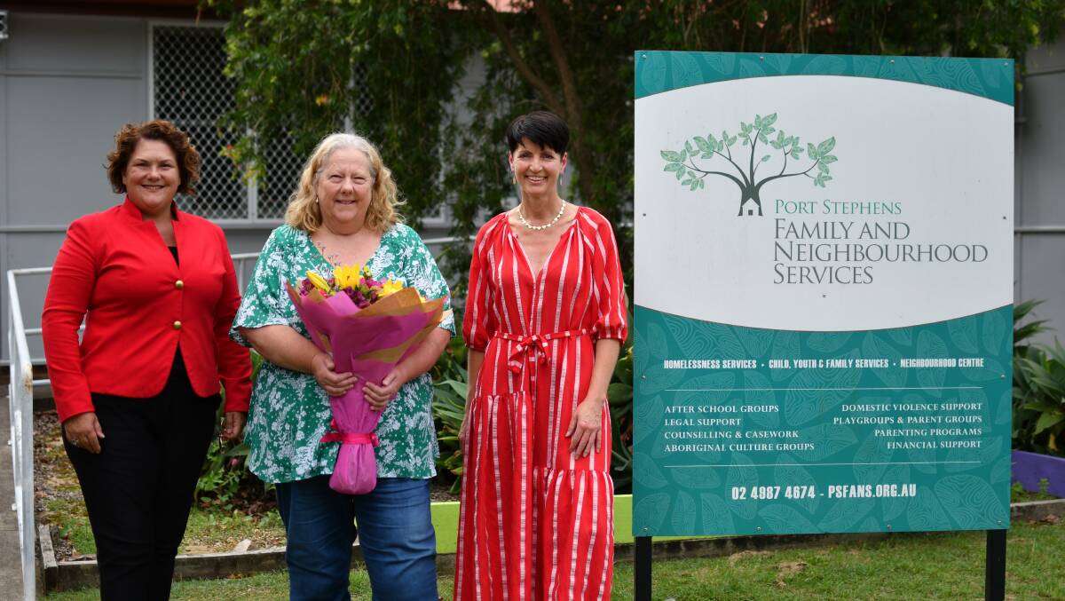 EXCEPTIONAL: Port Stephens Woman of the Year Sue Pollock (centre) with Paterson MP Meryl Swanson and Port Stephens MP Kate Washington. Picture: Supplied