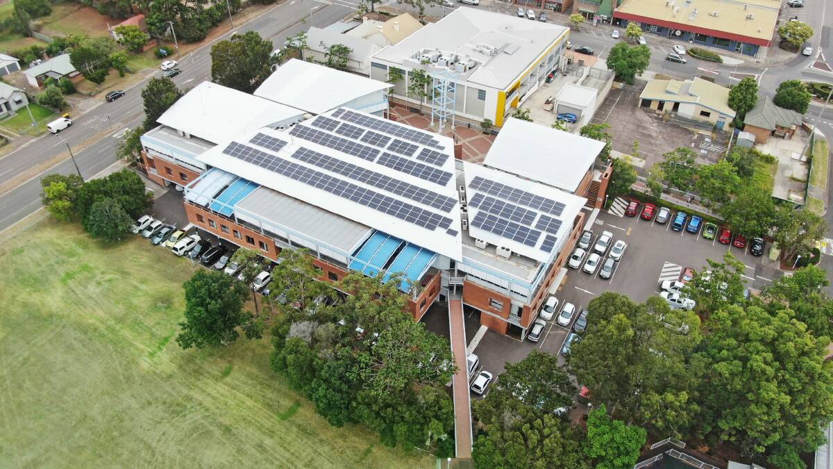 CARBON GOAL: An overhead view of Port Stephens Council's administration building in Raymond Terrace where 357 solar panels were installed in 2019.