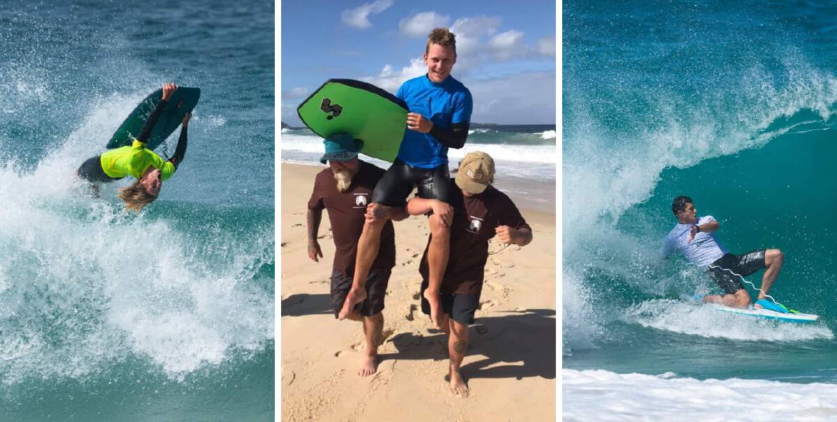 SUCCESS: Nelson Bay bodyboarder Kane Brewer, 21, centre, took out the Port Stephens Toyota Box-Fest open men's divisions. Surf images by Shane Chalker Photography. 