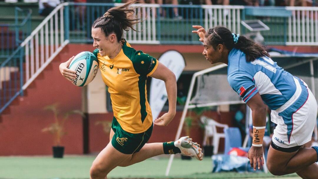 Nelson Bay winger Maya Stewart with the ball for Australia against Samoa in the Oceania Women's Championships in Fiji on Tuesday. Picture: Twitter/Oceania Rugby