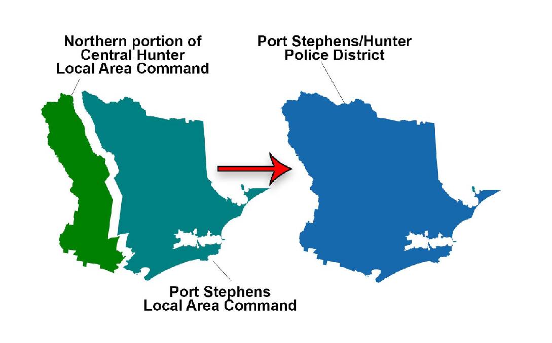 The Port Stephens Local Area Command and northern portion of the Central Hunter LAC merged to become the Port Stephens Hunter Police District.