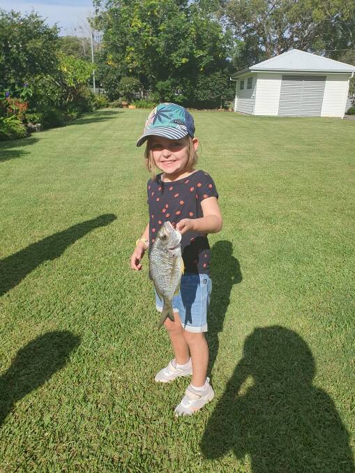 5 year old Leah Kovelis from Sydney caught her first keeper off Taylors Beach wharf while visiting her grandparents.