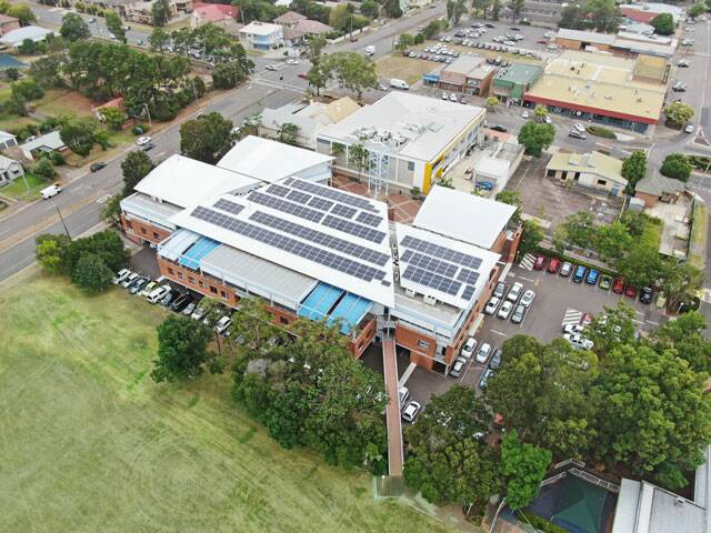 ECO FRIENDLY: An overhead view of Port Stephens Council's administration building in Raymond Terrace where 357 solar panels have been installed.