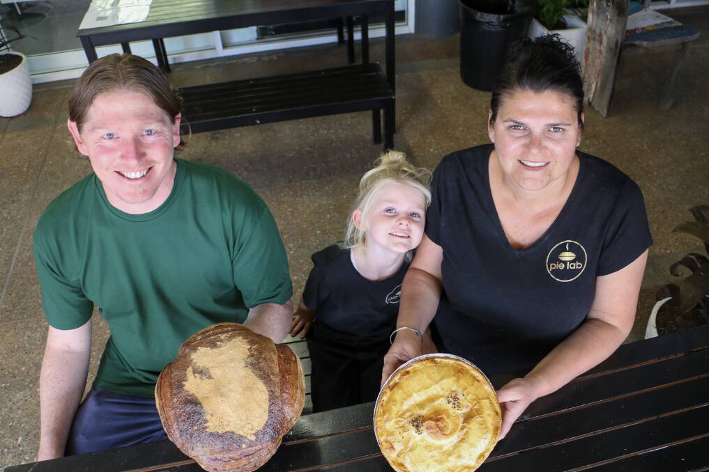 KOALA PIES & BREAD: Supporting the 'Save the Koala' campaign are Rob Daniels from Two Bobs Bakery and Melissa Threlfo with daughter Lila, 4, from the Pie Lab in Nelson Bay.
