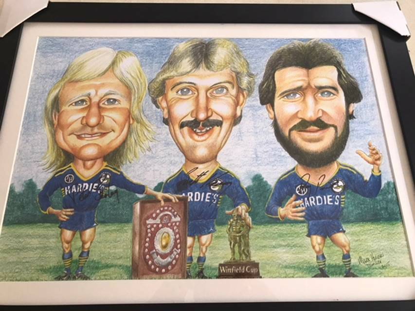 A personally autographed Parramatta Eels Legends artwork of Peter Sterling, Brett Kenny and Ray Price is being raffled off to help a Nelson Bay father living with MND.