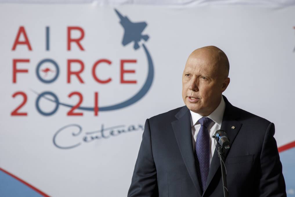 Peter Dutton at Williamtown RAAF Base on Monday. Picture: CPL Craig Barrett