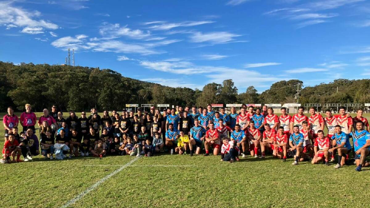 Northern Hawks teams with South Newcastle and referees after Sunday's games at Tomaree Sports Complex. Picture: Facebook/Northern Hawks Rugby League Club