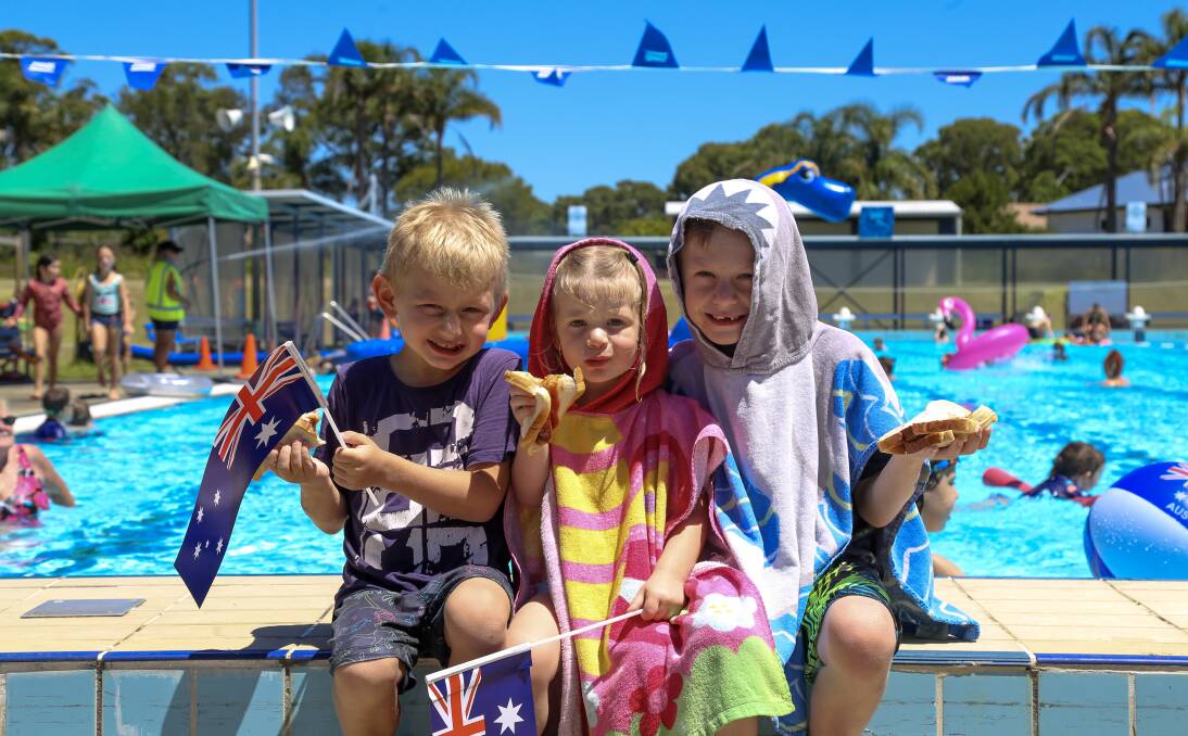 The Martin siblings from Medowie, Hunter, Ivy and Axel at the Raymond Terrace pool party in 2021. Pool parties are back on the Australia Day program for 2023.
